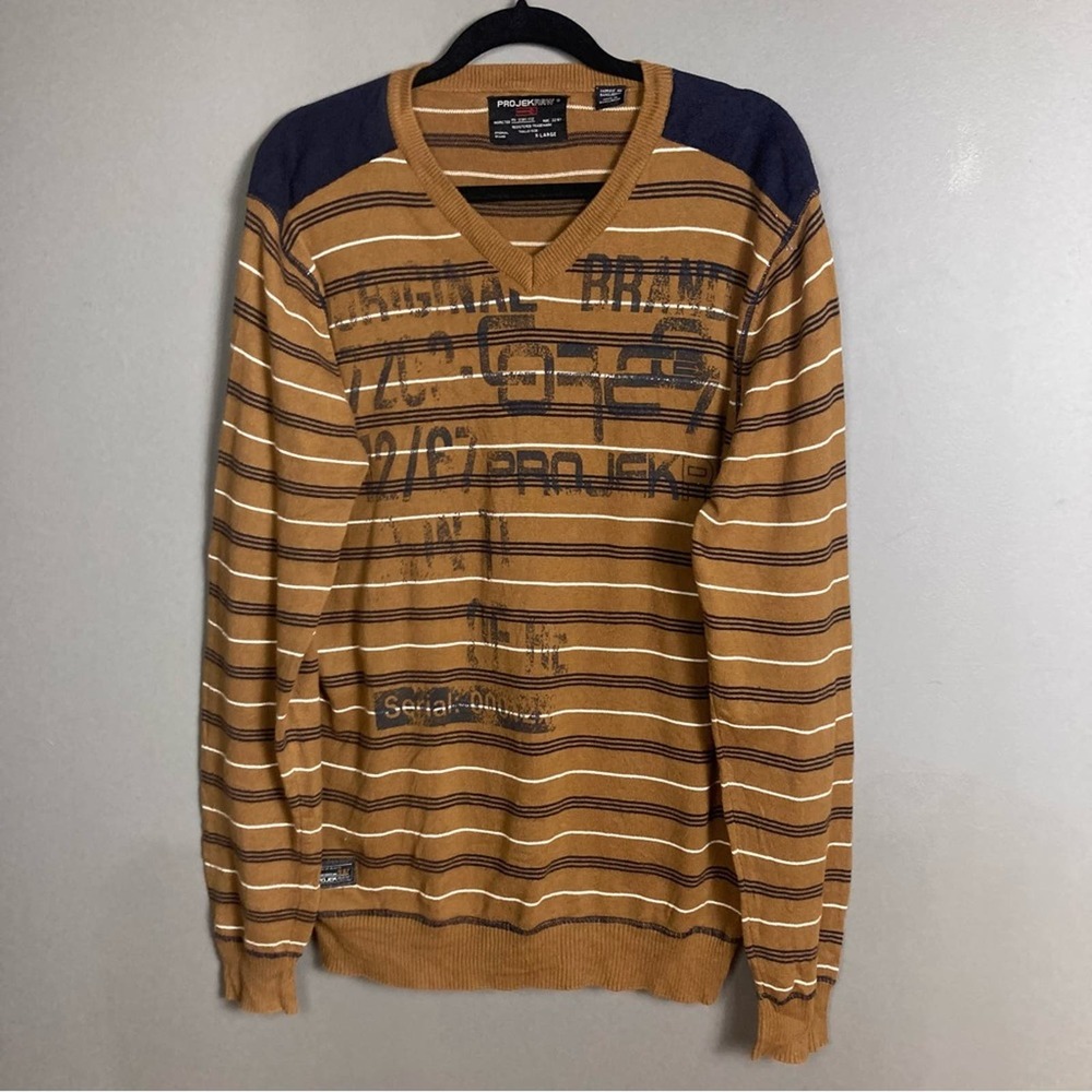 PROJEK RAW sweater brown stripe v-neck graphics lettering spell out extra large